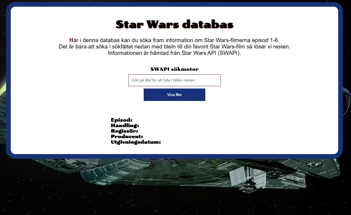 Bild på Star Wars databas som jag utvecklade med React JS.